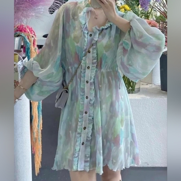 GANNI Dress, NWT, Pastels, Micro-Pleats, Ruffles, Size 14 - Picture 6 of 15